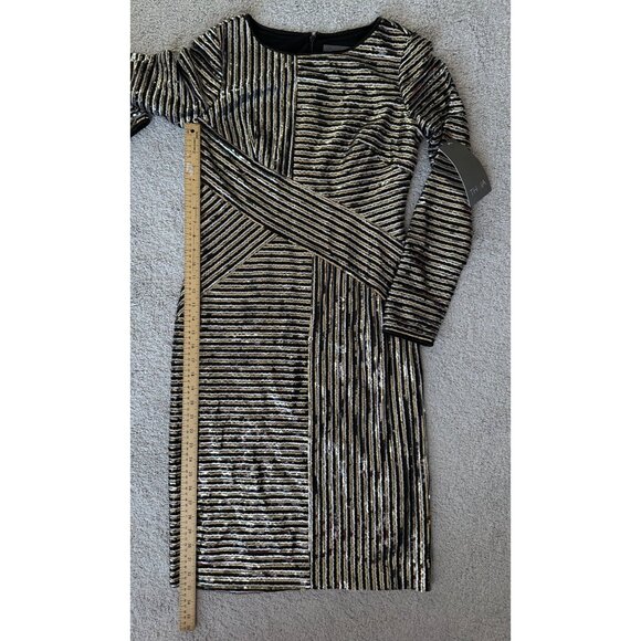 THEIA New Sz 8 Black & Gold Striped Sequin LS Evening Cocktail Dress $495 - Picture 5 of 16